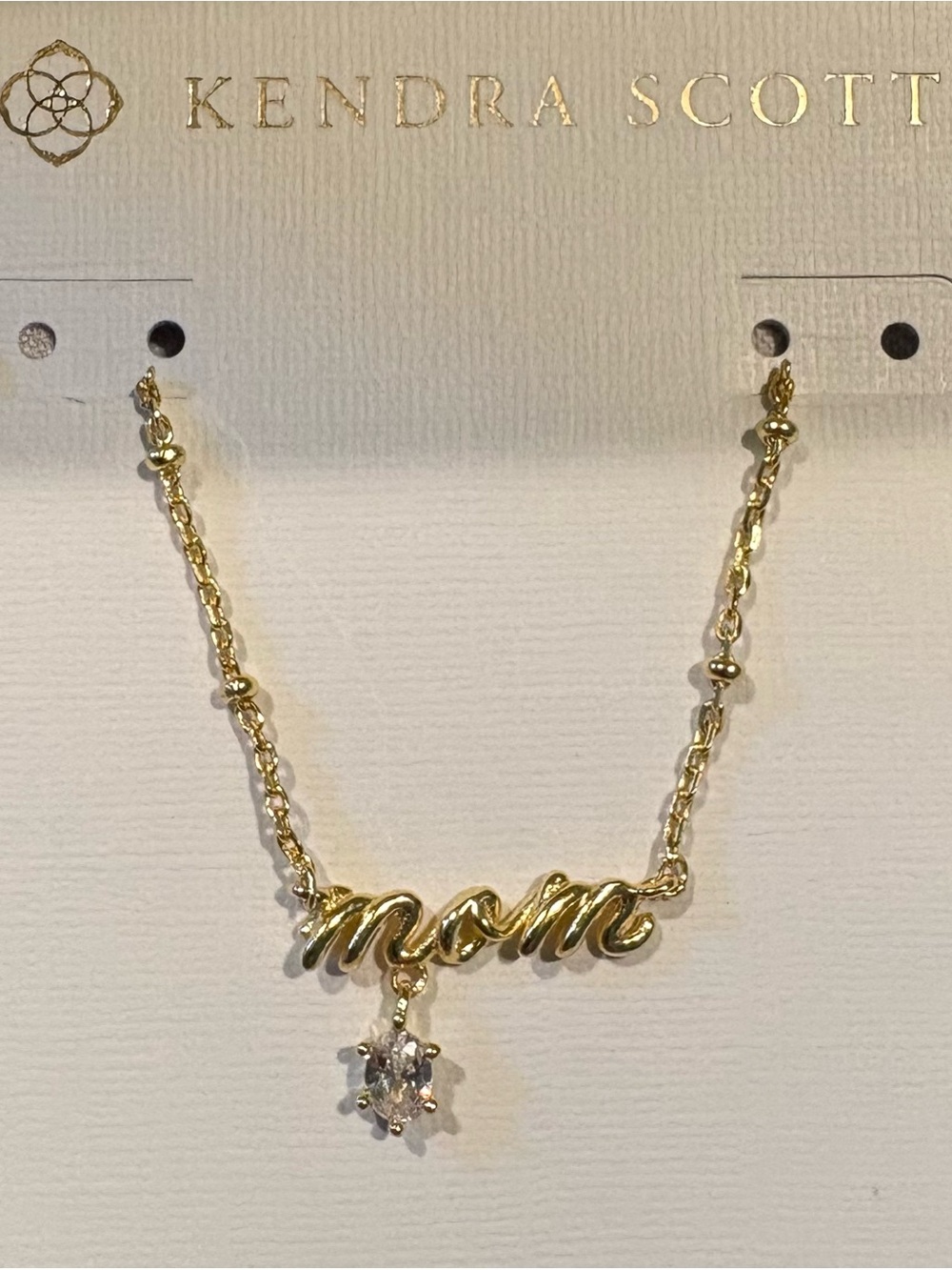 Kendra Scott Gold Mom Script Necklace with Crystal Drop